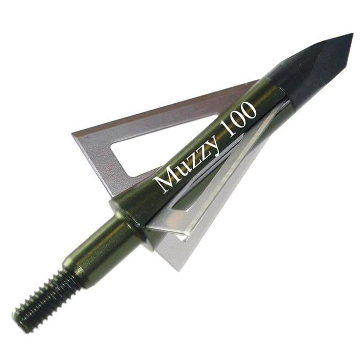 Photo of a green Muzzy 3 blade broadhead.