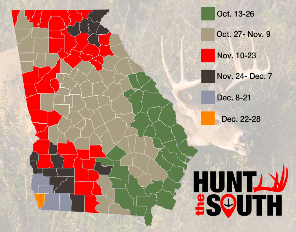 Georgia rut map with counties color coded by peak rut dates 